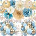 Light-Dusty Blue Boho Baby Shower Decorations, 69pcs Beige Champagne Boy Neutral Welcome Baby Banner Décor With Sand White Ice Blue Balloons Paper Lanterns Pom Poms Fan Baby Shower Party Wall Backdrop, Dusty Blue