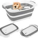 7.1 Gal/27L Multipurpose Collapsible Dog Bathtub, Raised Small Pet Bathtub with Drainage Hole and Pet Hair Collector, Portable Dog Bath Tub for Puppy Cats Space Saving Laundry Basket Organizer