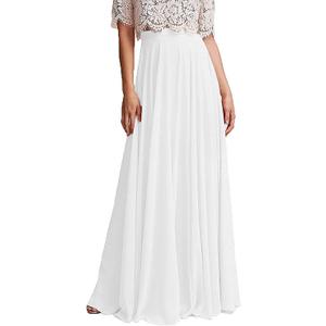 Long Maxi Floor Lengh Chiffon Skirt Elastic High Waist Bridesmaid Skirt (Small-Medium, White)
