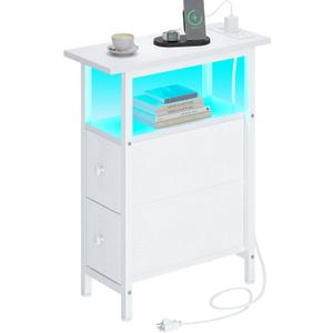 End Table with Charging Station, Narrow Side Table with 2 Fabric Drawers, Skinny Nightstand with LED Light, Slim Bedside Table for Bedroom, Living Room, Small Spaces, White