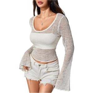 MakeMeChic Women's Mesh Beach Coverup Knit Bell Sleeve Tops Crop Crochet Tops (White, S)