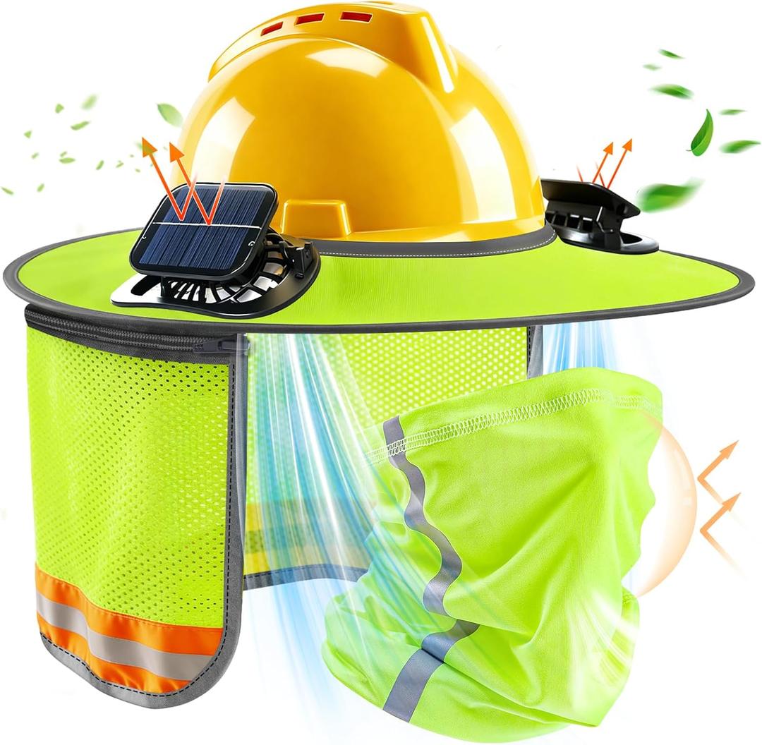 1 Set Hard Hat Sun Shade with Dual Solar Fan, Detachable Hard Hat Visor Full Brim with Neck Protection, High Visibility Mesh Hardhat Sun Shield Reflective Strip for Construction Workers (Yellow)