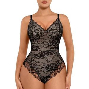 FeelinGirl Shapewear Lace Bodysuits for Women Shapewear Tummy Control V-Neck Bodysuit Sleeveless Tops Jumpsuit L