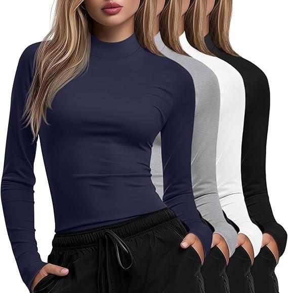 Xaatren 4 Pack Women's Long Sleeve Underscrub Shirt Mock Neck Slim Fit Tops Lightweight Thermal Base Layer Scrubs Undershirts
 Small