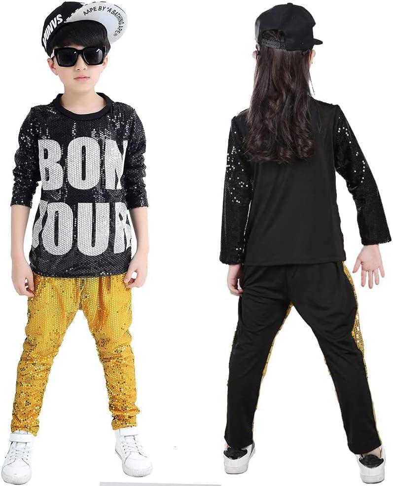 LOLANTA Kids Dance Costume Boys Girls Sequins Hip Hop Clothes 80s 90s Outfits Shiny Dress Up Dancewear (5-6, Gold)