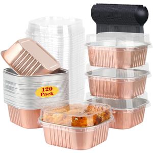 LNYZQUS 120pack/10oz Mini Cake Tins with Lids, 4x4 Mini Foil Pans Disposable Brownie Baking Cups, Small Aluminum Bread Muffin Pan Jumbo Cupcake Containers Holders-Champagne