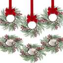 Sggvecsy 6 Pcs Christmas Candle Rings Norfolk Pine Wreath Artificial Red Berries Small Wreaths Table Centerpieces Kitchen Cabinets Pillars Mini Candle Rings for Window Front Door Decor
