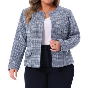 Agnes Orinda Plus Size Tweed Blazer for Women Collarless Long Sleeve Open Front Work Business Jacket Suits Casual 2X