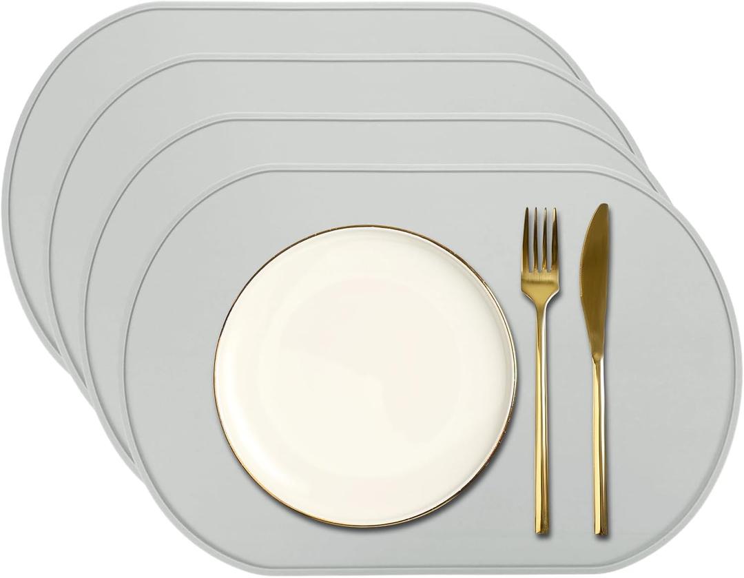 Uxcell 4 Pcs Oval Silicone Placemat, 15.4" x 10.4" Non-Slip Washable Table Placemats Heat Resistant Waterproof Mat with High Edge for Table Kitchen Desk Protection, Light Gray