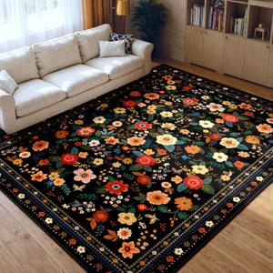 8x10 Area Rugs for Living Room Vacuum-Friendly Machine Washable Area Rug Flower Floral Printed Pattern Low Pile Non-Slip Carpet for Bedroom Hallway Entryway, Black