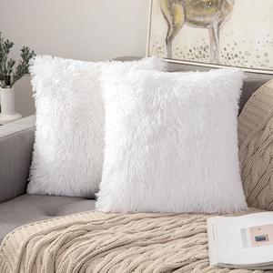 ANRODUO Pack of 2 White Throw Pillow Covers Luxury Fluffy Pillows Faux Fur Decorative Pillows Plush Cushion Case Fuzzy Mongolian Merin Style for Bed Couch Sofa Living Room Spring Decor 16x16 Inch