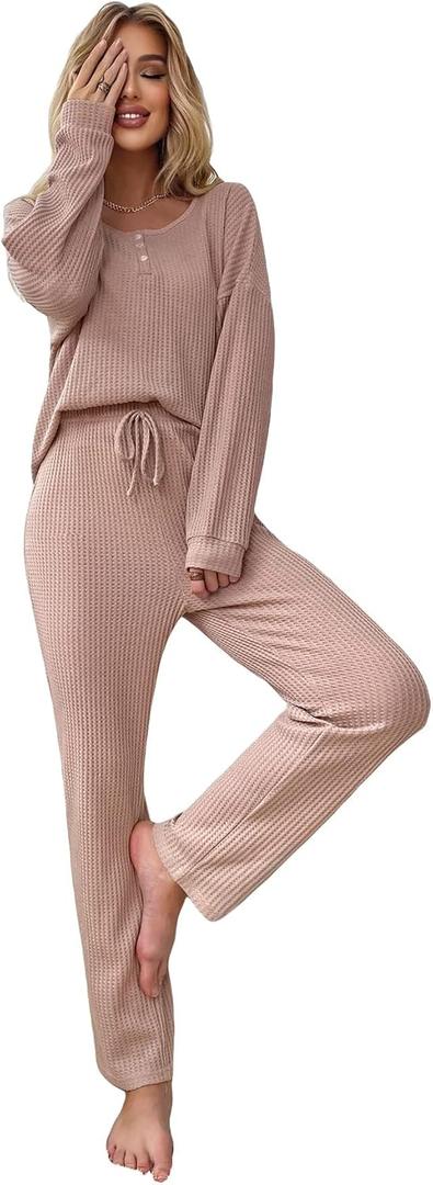 WDIRARA Women's 2 Piece Pajama Waffle Knit Lounge Set Long Pants Sleepwear (Pink, S)