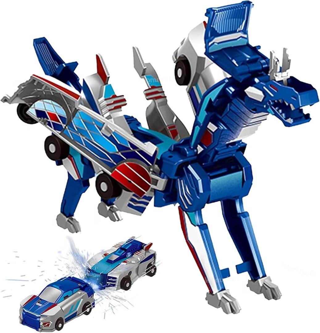 Collision Transforming Dinosaur Car Toy, Magnetic Dinosaur Transformer Car for Boys & Girls Party Favors Birthday Christmas (Blue)