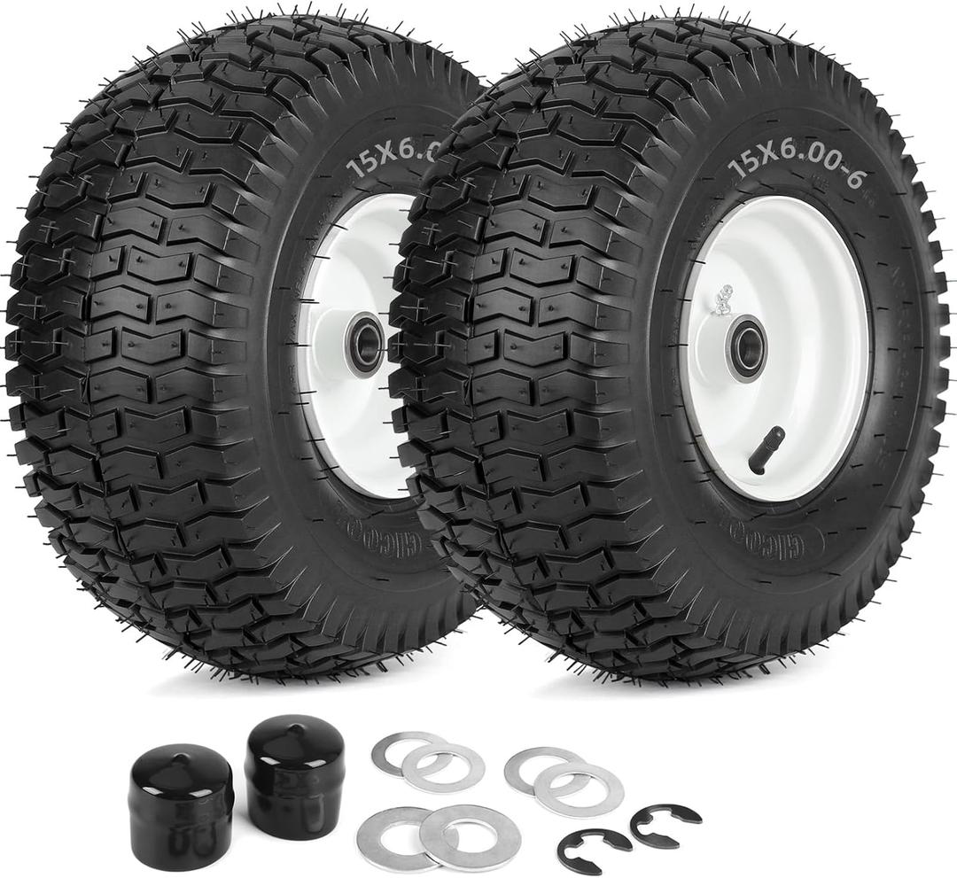 GICOOL 15x6.00-6 Rubber Lawn Mower Tire and Wheel, 2 Pcs Replacement 15x6-6nhs Riding Mowers Lawn Tire and Wheel with Bearing Bore 3/4", 3" Centered Hub