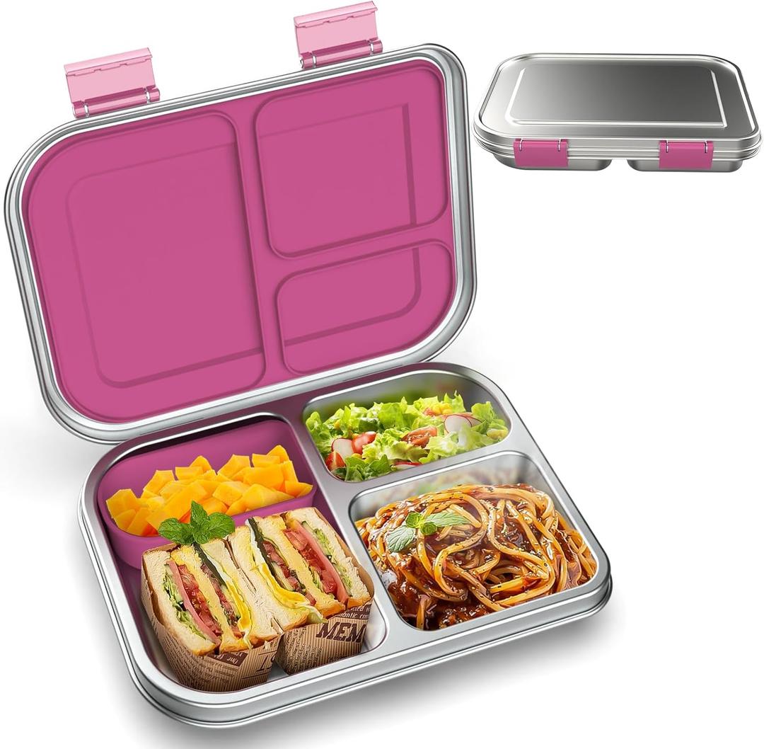 BOSEDSANG Stainless Steel Kids Leak-Resistant Bento Lunch Box, 3-Compartments with Silicone Container, Dishwasher-Safe, Child-Friendly Design for School, Picnics & Travel,BPA-Free (Pink)