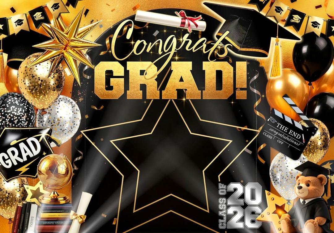 HANYING 7x5ft Graduation Season Backdrop,Class of 2026 Black Gold Congratulations Graduate Background,Congrats Grad Prom Party Cake Table Decoration,Photo Studio Props,HYLC121
