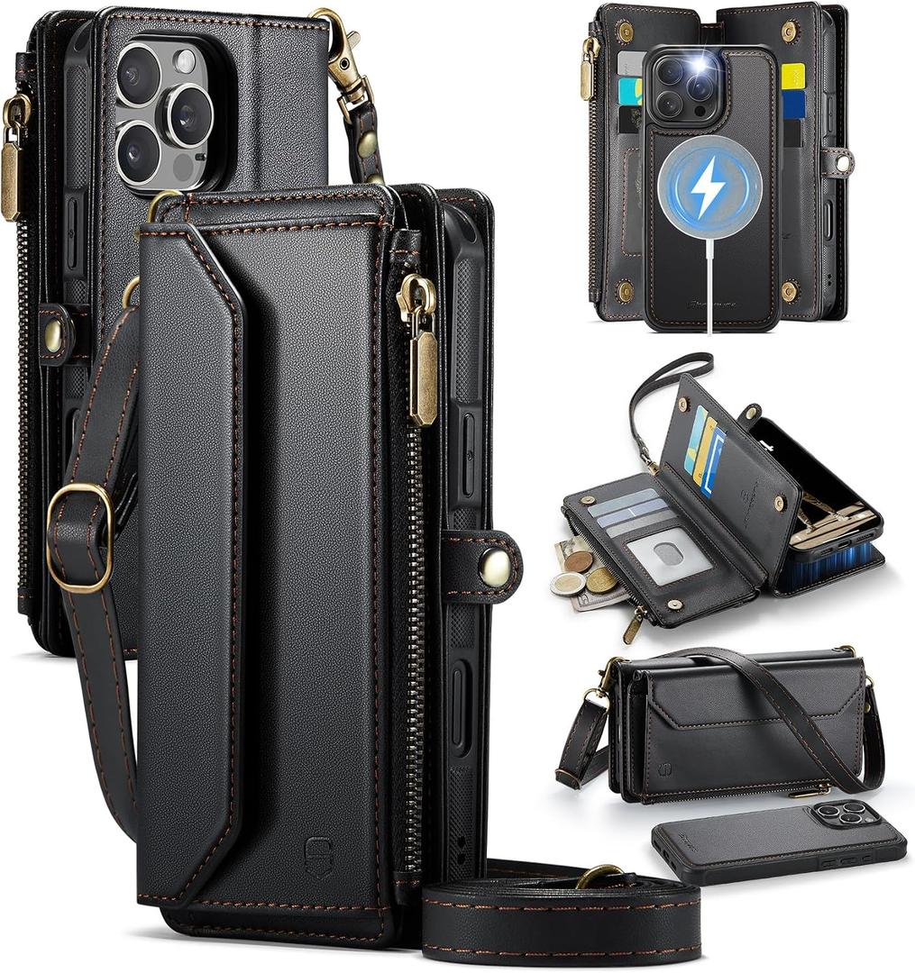 Strapurs for iPhone 16 Pro Max Detachable Wallet Case Compatible with Magsafe, RFID Blocking 9-Card Holder Zipper Strap Lanyard PU Leather Magnetic Phone Case for iPhone 16 Pro Max 6.9", Black