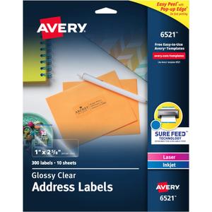Avery Printable Address Labels with Sure Feed, 1" x 2-5/8", Glossy Clear, 300 Blank Mailing Labels for Laser and Inkjet Printers (6521)