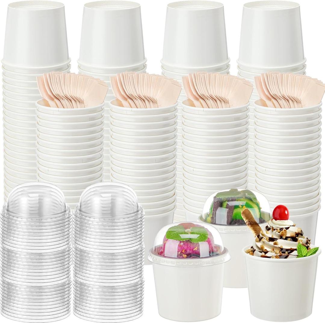 100 Pack Ice Cream Cups with Dome Lids No Hole and Spoons Bulk Disposable Paper Dessert Bowls White Sundae Containers for Snack Yogurt Soup Birthday Summer Ice Cream Party Supplies (6 oz)