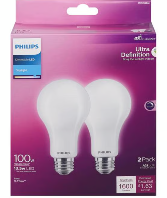 Philips LED 60W A19 8-Pack Ultra Definition Daylight (5000K) 800 Lumen (8W = 60W) Dimmable Frosted Flicker-Free Light Bulbs 1 pack