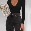 SAUNGKUAI Women's Plunge Deep V Neck Long Sleeve Bodysuit Double Lined Thong Body Suit Shirt Tops (S)