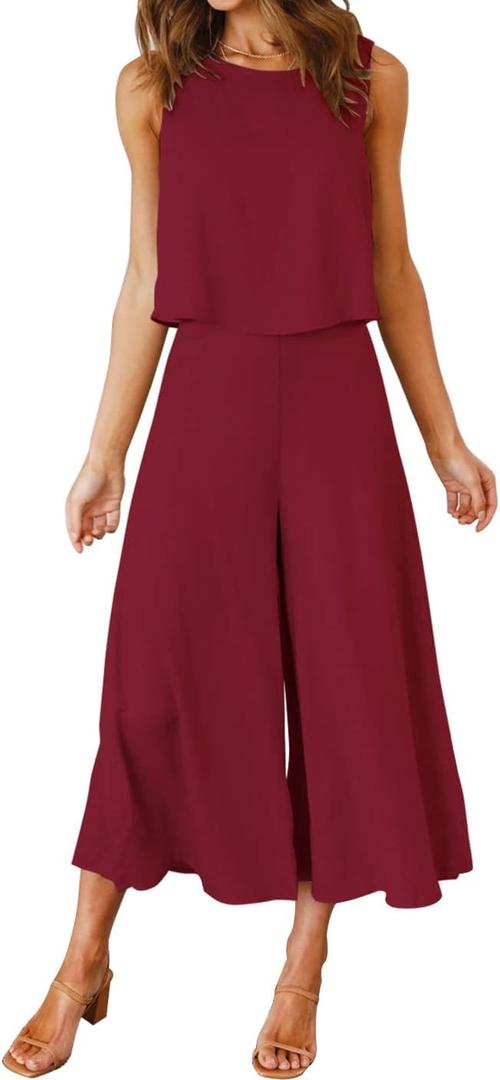 ROYLAMP Women's Summer 2 Piece Outfits Round neck Crop Basic Top Cropped Wide Leg pants Set Jumpsuits Burgundy, XXL