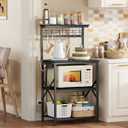 Furologee Kitchen Bakers Rack with Power Outlet, Microwave Oven Stand with Storage 4 Tiers, Coffee Bar Table with 6 S Hooks, Kitchen Storage Shelf Rack for Spices, Pots,Black, 22inch
