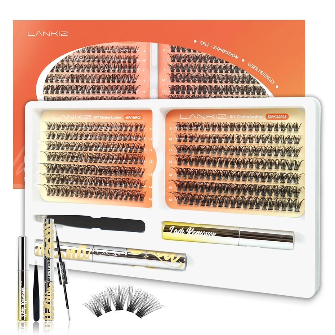 Lash Extension Kit - LANKIZ DIY Lash Clusters Kit,40D+50D C Curl Natural False Lashes 280 pcs,Individual Eyelash Clusters with Waterproof Bond & Seal Glue for Beginners & Professionals-MuseV+ C