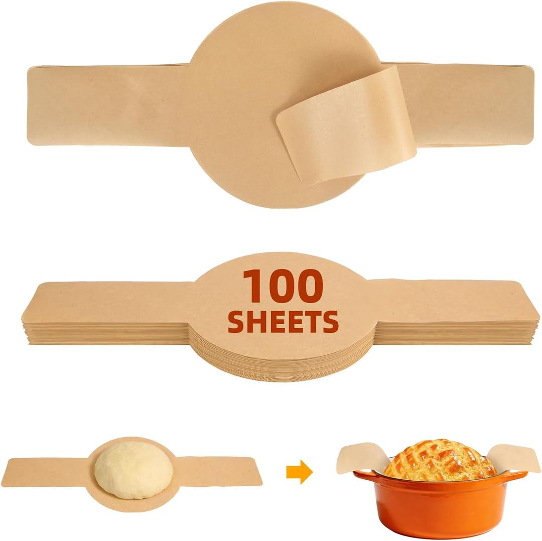 Sourdough Parchment Paper with Handles, 100Pcs Bread Baking Paper with Heatproof Handle for Dutch Oven & Air Fryer, No Wash & Eco-Smart for Beginners