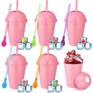 6 Set Slushie Cups with Dome Lids and Straws Detachable Spoon Straws Reusable Plastic Iced Coffee Cups Smoothie Tumbler for Birthdays Summer Party Supplies (Pastel Pink,16 oz)