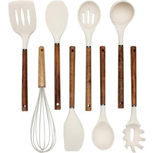 Country Kitchen Non Stick Silicone Utensil Set with Rounded Wood Handles for Cooking and Baking, 8 Piece Set, Khaki