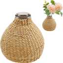 Woven Glass Vase with Rattan Cover, Beige, Rectangular, 10x8.8cm, Ideal for Home Decor, Weddings, Birthdays, Aromatherapy
