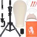 PWEOUKE 22 Inch Canvas Wig Head with Stand for Wigs ,14-22 Inch Height Adjustable Wig Stand Tripod with Canvas Block Wig Head,Manikin Head Block Set for Cosmetology with Wig Stand and Storage Bag (White)