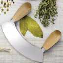 HIC Kitchen Mezzaluna Rocking Chopper And Mincing Knife With Double Handles, Stainless Steel, Rubberwood, For Herbs Vegetables Nuts And More