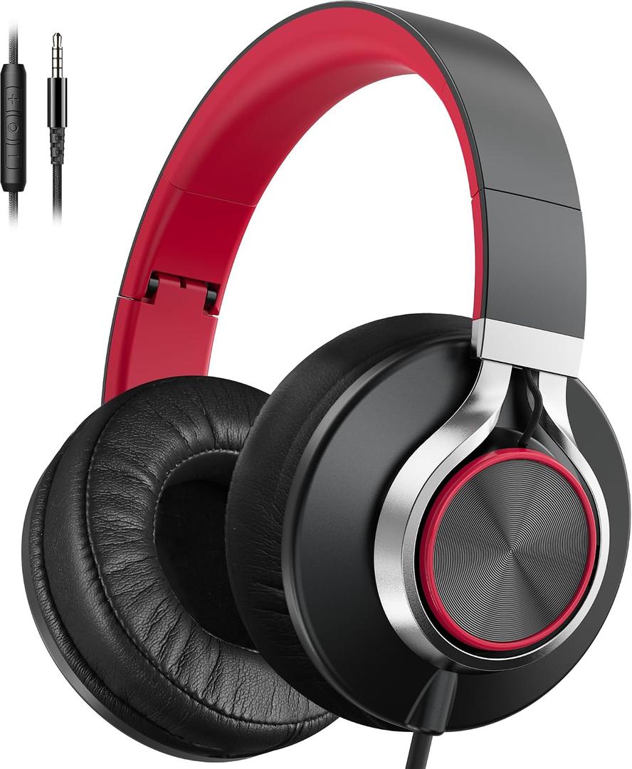AILIHEN Wired Headphones with Microphone Volume Control Noise Isolating Red | Over Ear Headphones Wired for Teens and Adults, Super Soft Cushions, Portable Bag, Durable 3.5mm for PC, Tablet&Chromebook