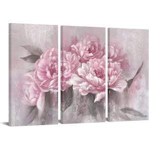 sechars 3 Piece Flower Wall Art Canvas Pink Peony Floral Painting Picture Vintage Blossom Art Prints for Living Room Girl Bedroom Decor for Living Framed Ready to Hang Each Piece 16x32inch
