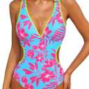 popvil Womens One Piece Swimsuit 2026 Floral Printed Bathing Suit Waist Cut Out Deep V Neck Swimsuits Shell Stitched Swimwear (Purple, XL)