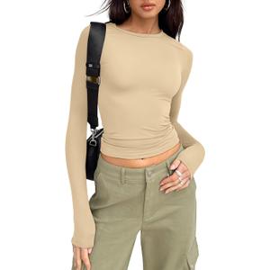 Trendy Queen Womens Long Sleeve Shirts Fall Fashion 2025 Basic Crop Tops Going Out Workout Outfits Y2k Clothes (Medium, Khaki)