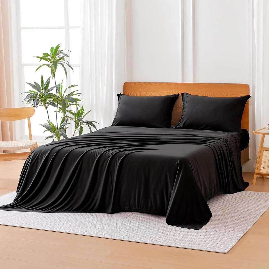 Amazon Basics Jersey Knit Microfiber 4-Piece Sheet Set, Wrinkle Free and Easy Fit, Includes 16" Deep Pocket Fitted Sheet, 1 Flat Sheet and 2 Pillowcases, King, Black