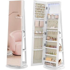 SONGMICS 6 LEDs Lockable Mirror Jewelry Cabinet, 360 Swivel Jewelry Organizer Armoire Standing, Frameless Full-Length Mirror, 3 Storage Shelves, White Surface, Greige Lining UJJC007W02V1