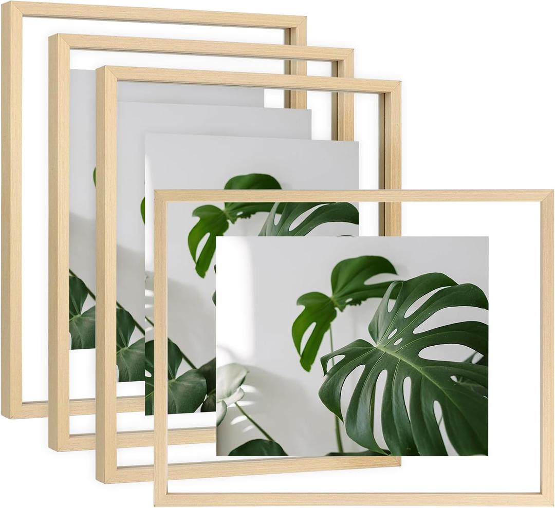 Egofine 11x14 Floating Frames Set of 4, Double Plexiglass Picture Frame, Made of Solid Wood, Display Any Size Photo up to 11x14, Wall Mount or Tabletop Standing, Natural Wood