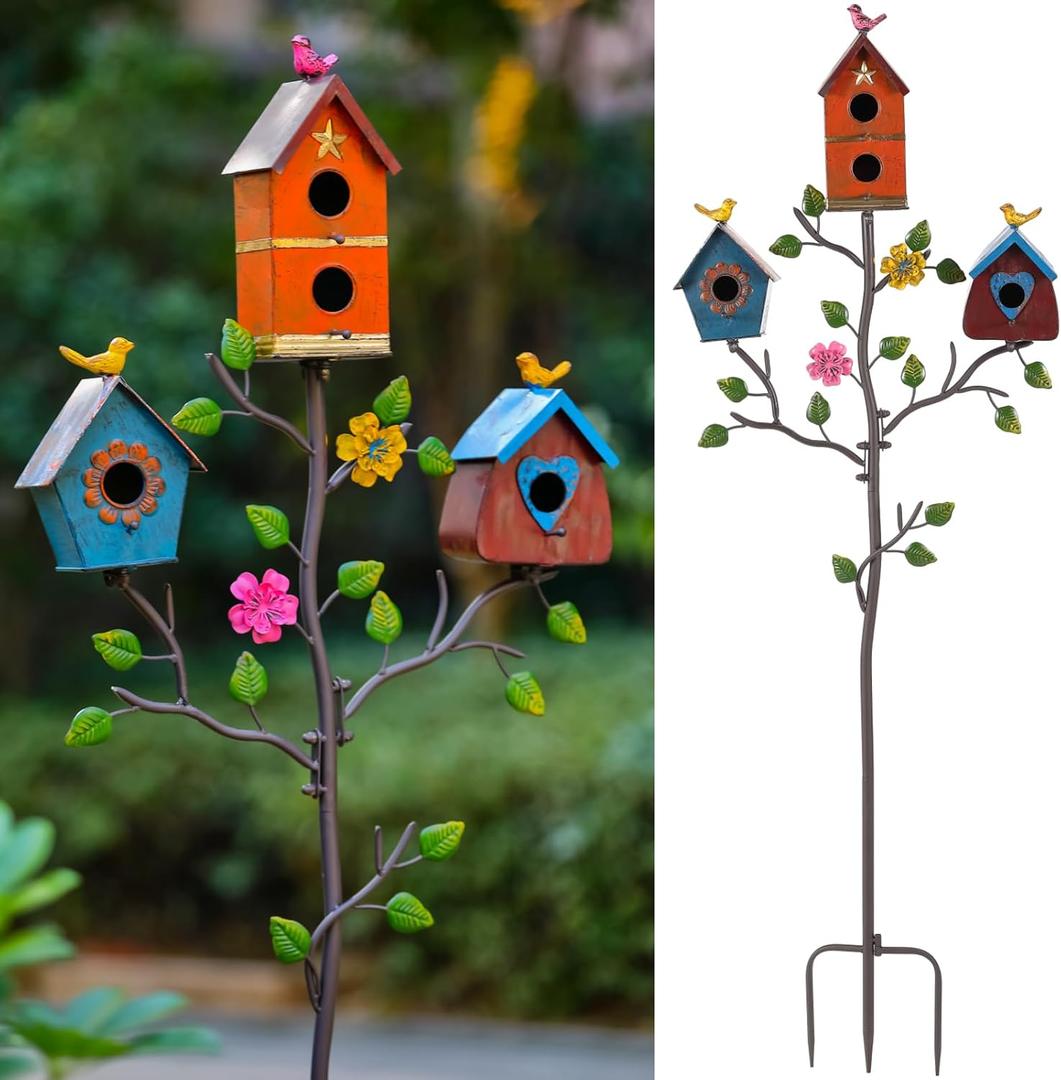 Multi-Bird Houses for Outside with Pole, Durable Colorful Birdhouse on Stake, Easy Clear, Metal Bird Houses for Outside