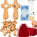 Bucherry 10 Set Olive Wood Cross My Heart Small Pocket Crosses with Bags and Prayer Cards Jesus Christian Holding Hand Crosses Bulk for Christmas Baptism First Communion Gift (Wood,2.36 Inches)