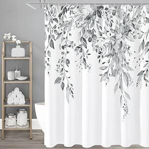 Gibelle Grey Eucalyptus Shower Curtain, Watercolor Plant Leaves with Floral Bathroom Shower Curtain Set, Gray White, 72x72