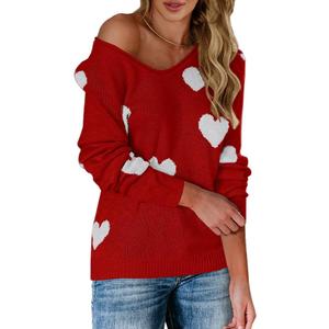 Tutorutor Womens Cute Love Heart Print Sweaters Oversized Off The Shoulder Loose Knitted Valentine Pullover Blouse Top (Small, Y Red)