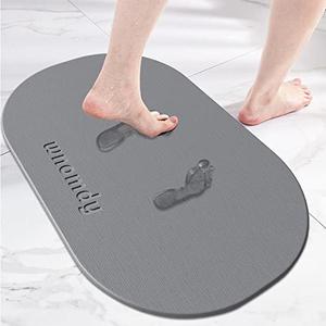 WNOMDY Bath Stone Mats Diatomaceous Earth Bath Mat Fast Water Drying Super Absorbent Diatomite Mat with Non-Slip for Bathroom Shower Floor,Kitchen Absorbent Pad,15.35x23.62inch,Grey,Oval,Hard 1-Pack