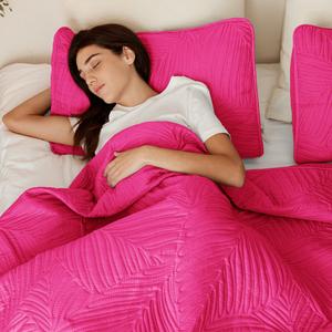 King Quilt Set, Soft Lightweight Quilts Bedspreads Coverlet with Embossed Pattern, Bedding Sets with , Reversible Bed Cover for All Seasons, 96x104 Inches, Hot Pink