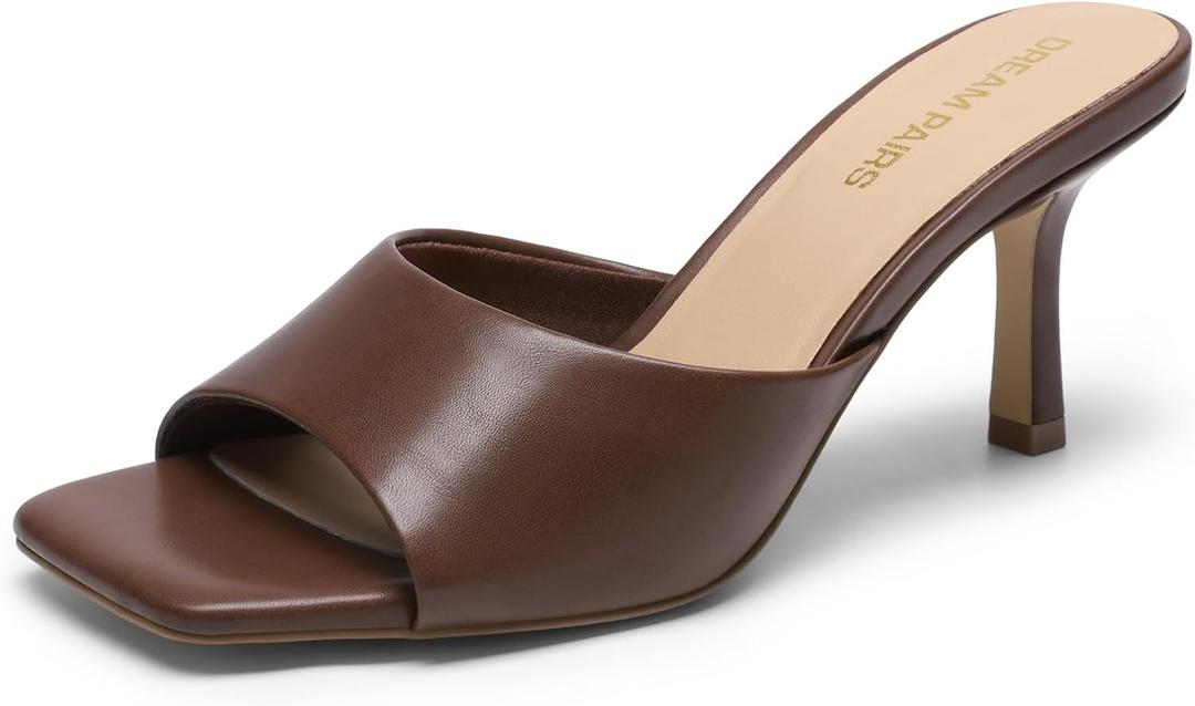 DREAM PAIRS Women's Kitten Heels Sandals  Square Toe Slip On Low Heels, Heeled Mules Footwear for Everyday, Dressy & Casual Occasions (8, Brown)