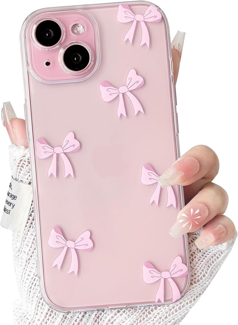 NITITOP Compatible with iPhone 15 Case Clear Cute Bow Knot Design for Women Girls Stylish Bowknot Durable Soft TPU Slim Protection Phone Cover - Pink Ribbon