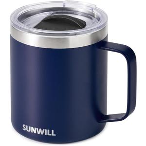SUNWILL Insulated Coffee Mug with Lid, Travel Tumbler with Handle, 14oz Stainless Steel Cup for Camping, Office, Home, Powder Coated Navy Blue